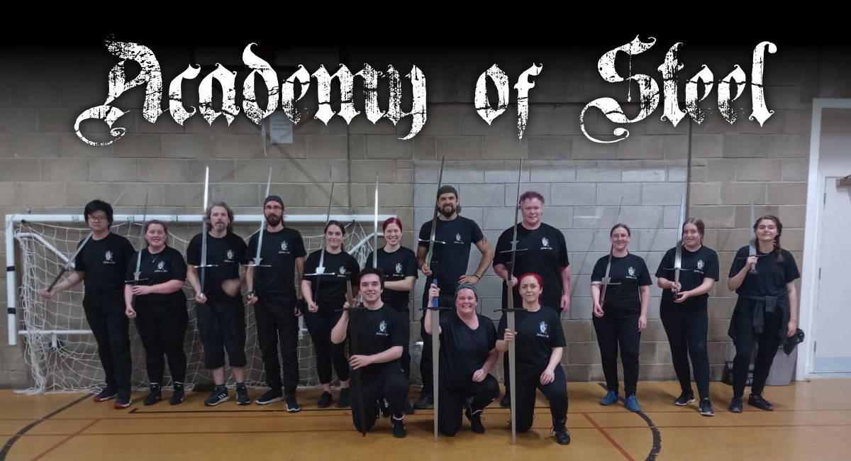 Academy of Steel members lined up with longswords.